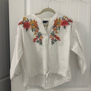 Kaari Blue White Top with Colorful Floral Embroidery